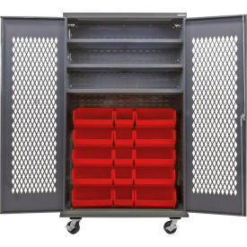 GoVets Configurable Ventilated Mobile Bin Cabinet48x24x85Gray3 Shelf24 Red Bins 970MRD708