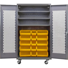 GoVets Configurable Ventilated Mobile Bin Cabinet48x24x85Gray3 Shelf24 Yellow Bins 970MYL708