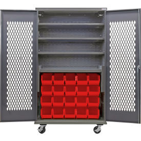 GoVets Configurable Ventilated Mobile Bin Cabinet48x24x85Gray4 Shelf24 Red Bins 972MRD708