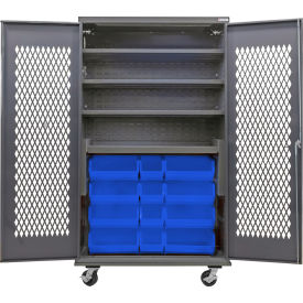 GoVets Configurable Ventilated Mobile Bin Cabinet48x24x85Gray4 Shelf24 Blue Bins 973MBL708