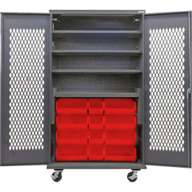 GoVets Configurable Ventilated Mobile Bin Cabinet48x24x85Gray4 Shelf24 Red Bins 973MRD708