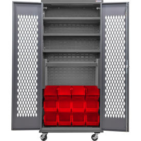 GoVets Configurable Ventilated Mobile Charging Cabinet 36x24x85 4 Shelves 12 Red Bins 980MRD708