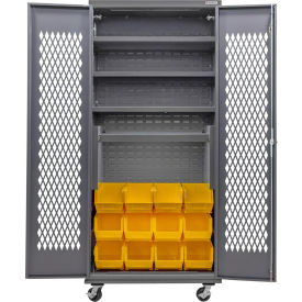 GoVets Configurable Ventilated Mobile Charging Cabinet 36x24x85 4 Shelves 12 YLW Bins 980MYL708