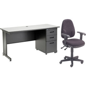 Interion® Office Desk and Fabric Chair Bundle with 3 Drawer Pedestal - 60