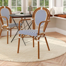 Flash Furniture® Lourdes Thonet Bistro Stacking Chair with Arms White/Navy Seat Natural Frame -AD642002A-WHNVY-NAT-GGSDA