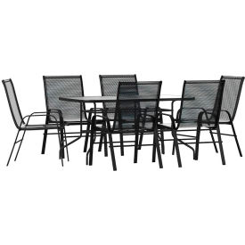 Flash Furniture Brazos 7 Piece Outdoor Patio Table w/ Umbrella Hole & Stack Chairs Black -089REC-303CBK6-GGTLH
