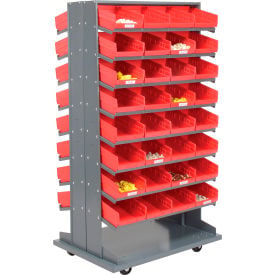 GoVets™ 16 Shelf Double-Sided Mobile Pick Rack - 64 Red Plastic Shelf Bins 8