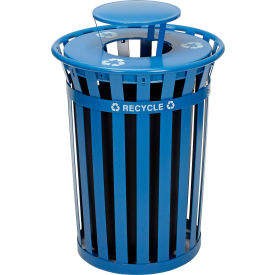 GoVets™ Outdoor Slatted Steel Recycling Can w/Rain Bonnet Lid 36 Gallon Blue 850BL261