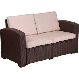 Flash Furniture All-Weather Faux Rattan Loveseat - Chocolate Brown with Beige Cushions -SF1-2-GGDAD