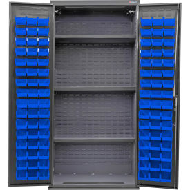 GoVets Configurable Bin & Shelf Cabinet 36Wx24Dx78H Gray 3 Shelf 96 Blue Bins 666SBL708