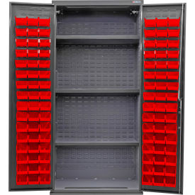 GoVets Configurable Bin & Shelf Cabinet 36Wx24Dx78H Gray 3 Shelf 96 Red Bins 666SRD708