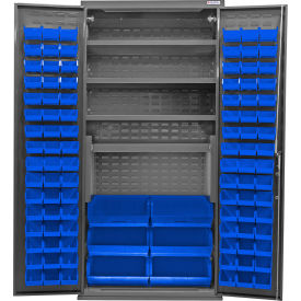 GoVets Configurable Bin & Shelf Cabinet 36Wx24Dx78H Gray 4 Shelf 102 Blue Bins 672SBL708