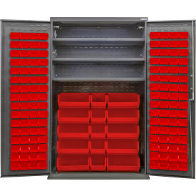 GoVets Configurable Bin & Shelf Cabinet 48Wx24Dx78H Gray 3 Shelf 144 Red Bins 683SRD708
