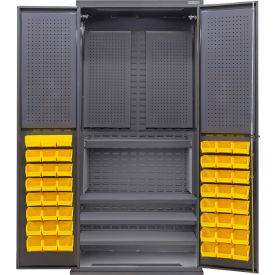 GoVets Configurable Pegboard Cabinet 36Wx24Dx78H Gray 4 Shelf 48 Yellow Bins 724SYL708