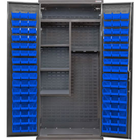 GoVets Configurable Janitorial Cabinet Powered 36Wx24Dx78HGray4 Shelf96 Blue Bins 744SBL708