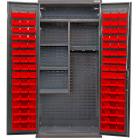 GoVets Configurable Janitorial Cabinet Powered 36Wx24Dx78HGray4 Shelf96 Red Bins 744SRD708