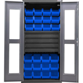 GoVets Clear-View Configurable Bin Cabinet 36Wx24Dx78H Gray 4 Drawers 24 Blue Bins 757SBL708