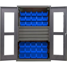 GoVets Clear-View Configurable Bin Cabinet 48Wx24Dx78H Gray 4 Drawers 36 Blue Bins 763SBL708