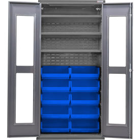 GoVets Clear-View Configurable Bin Cabinet 36Wx24Dx78H Gray 3 Shelf 12 Blue Bins 774SBL708