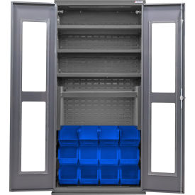 GoVets Clear-View Configurable Bin Cabinet 36Wx24Dx78H Gray 4 Shelf 12 Blue Bins 776SBL708