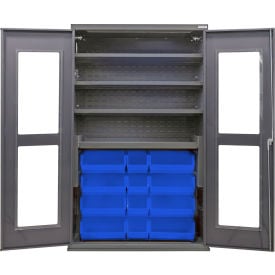 GoVets Clear-View Configurable Bin Cabinet 48Wx24Dx78H Gray 4 Shelf 24 Blue Bins 788SBL708
