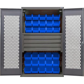 GoVets Configurable Ventilated Bin Cabinet 48Wx24Dx78H Gray 4 Drawers 36 Blue Bins 948SBL708