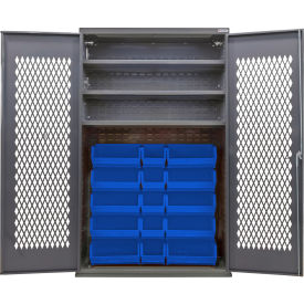 GoVets Configurable Ventilated Bin Cabinet 48Wx24Dx78H Gray 3 Shelf 24 Blue Bins 970SBL708