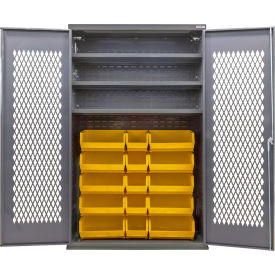 GoVets Configurable Ventilated Bin Cabinet 48Wx24Dx78H Gray 3 Shelf 24 Yellow Bins 970SYL708