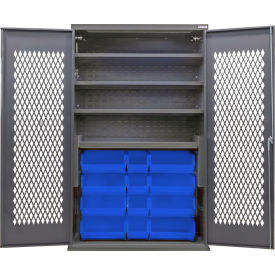 GoVets Configurable Ventilated Bin Cabinet 48Wx24Dx78H Gray 4 Shelf 24 Blue Bins 973SBL708