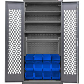 GoVets Configurable Ventilated Charging Cabinet 36x24x78 4 Shelves 12 Blue Bins 980SBL708