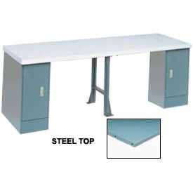 GoVets™ 120 x 30 Production Workbench Steel Square Edge Top 2 Cabinet 1 Leg Gray 017608