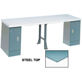 GoVets™ 144 x 30 Production Workbench Steel Square Edge Top 2 Cabinet 1 Leg Gray 018608