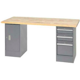 GoVets™ 96 x 30 Pedestal Workbench - 2 Drawers and Cabinet Maple Square Edge - Gray 030319