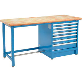 GoVets™ 72Wx30D Modular Workbench 7 Drawers Maple Butcher Block Safety Edge Blue 169711