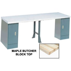 GoVets™ 120 x 30 Production Workbench Maple Square Edge Top 2 Cabinet 1 Leg Gray 969607