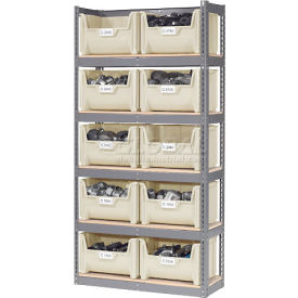 GoVets™ Steel Boltless Wood Deck Shelving - 10 Plastic Hopper Bins Beige 42x15x84 203BG238