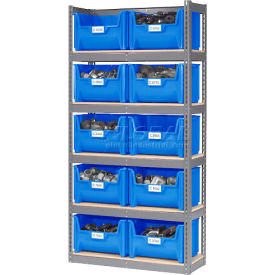 GoVets™ Steel Boltless Wood Deck Shelving - 10 Plastic Hopper Bins Blue 42x15x84 203BL238