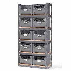 GoVets™ Steel Boltless Wood Deck Shelving - 10 Plastic Hopper Bins Gray 42x15x84 203GY238
