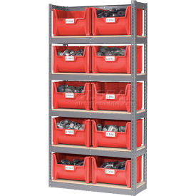 GoVets™ Steel Boltless Wood Deck Shelving With 10 Plastic Hopper Bins Red 42x15x84 203RD238