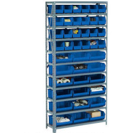 GoVets™ Steel Open Shelving - 28 Blue 8-1/4x10-3/4x7 Stacking Bins 8 Shelf 36x12x73 204BL506