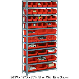 GoVets™ Steel Open Shelving - 28 Red 8-1/4x10-3/4x7 Stacking Bins 8 Shelves 36x12x73 204RD506