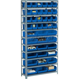 GoVets™ Steel Open Shelving - 21 Blue Plastic Stacking Bins 8 Shelves - 36 x18 x 73 207BL506