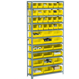 GoVets™ Steel Open Shelving - 21 Yellow Plastic Stacking Bins 8 Shelves 36 x 18 x 73 207YL506