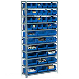 GoVets™ Steel Open Shelving - 15 Blue Plastic Stacking Bins 8 Shelves - 36 x18 x 73 208BL506