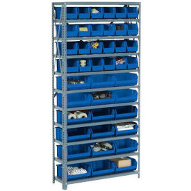 GoVets™ Steel Open Shelving - 10 Blue Plastic Stacking Bins 8 Shelves - 36 x18 x 73 209BL506