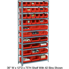 GoVets™ Steel Open Shelving - 10 Red Plastic Stacking Bins 8 Shelves - 36 x 18 x 73 209RD506