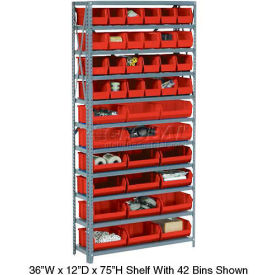 GoVets™ Steel Open Shelving with 30 Red Plastic Stacking Bins 11 Shelves - 36x12x73 250RD603