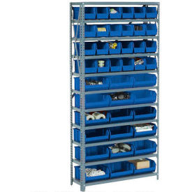 GoVets™ Steel Open Shelving with 42 Blue Plastic Stacking Bins 11 Shelves - 36x12x73 251BL603