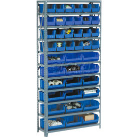 GoVets™ Steel Open Shelving with 36 Blue Plastic Stacking Bins 10 Shelves - 36x18x73 254BL603