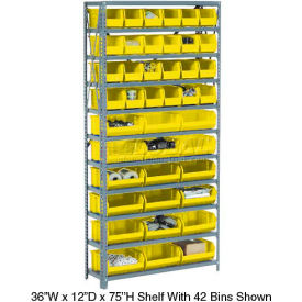 GoVets™ Steel Open Shelving - 36 Yellow Plastic Stacking Bins 10 Shelves - 36x18x73 254YL603